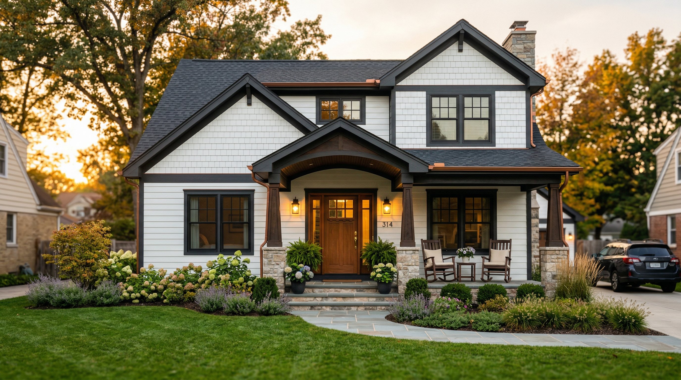 A renovated craftsman home at golden hour